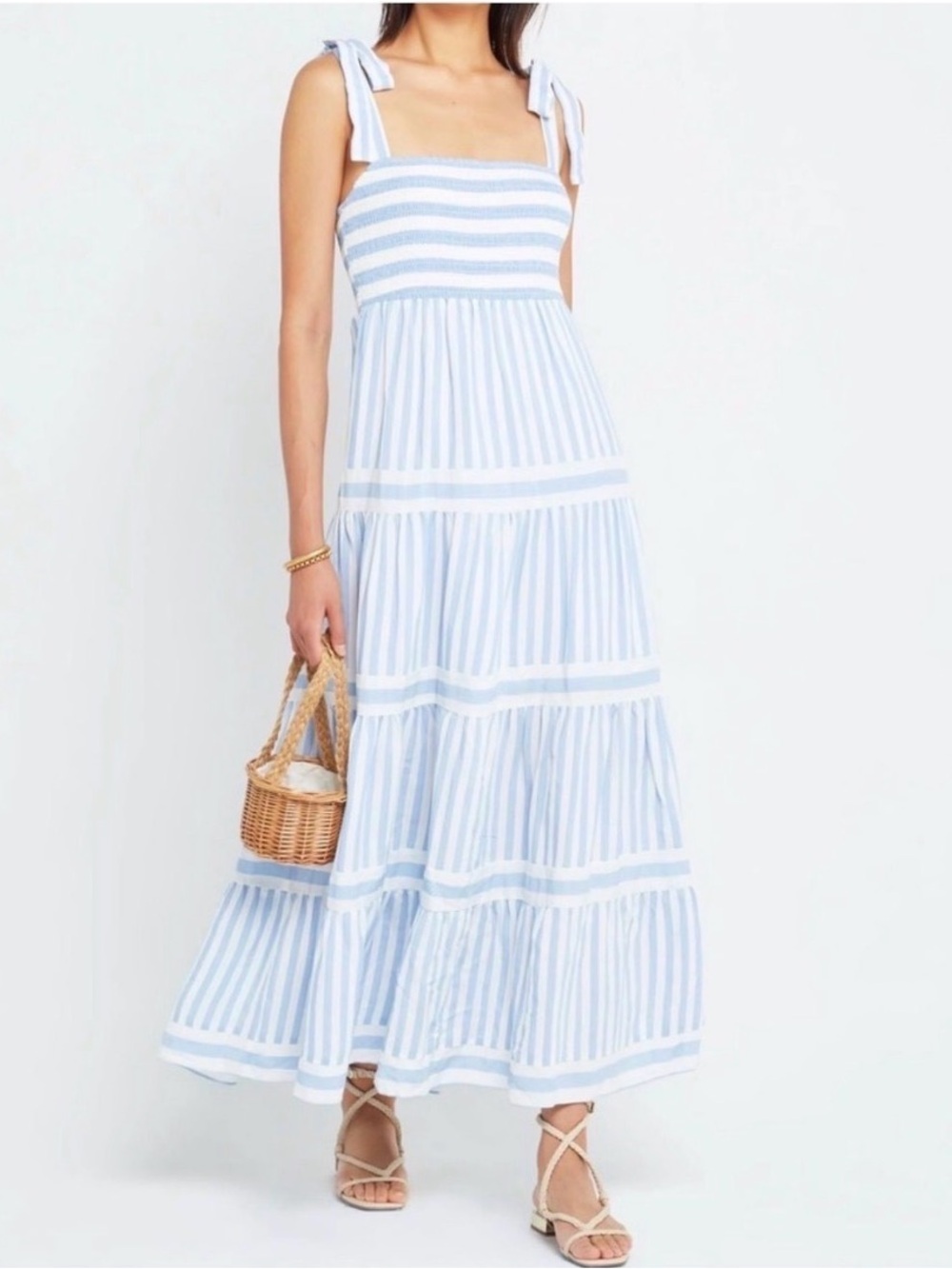 CAARA Elara Striped Smocked Maxi Dress – Blue & White – Size XL – MSRP $245